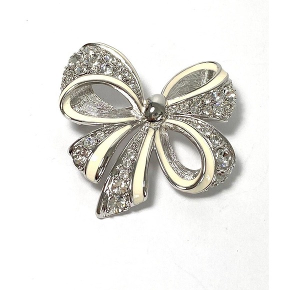 Nolan Miller Silver Tone Enamel Crystal Rhinestone Spirit Bow Brooch Pin - Picture 1 of 8